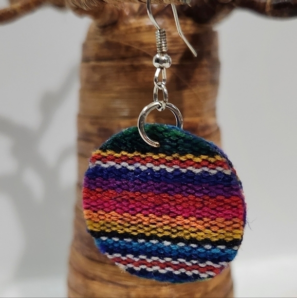 Rainbow Pride Fabric Round Circle Drop Dangle Silver Fish Hook Earrings - Picture 8 of 8